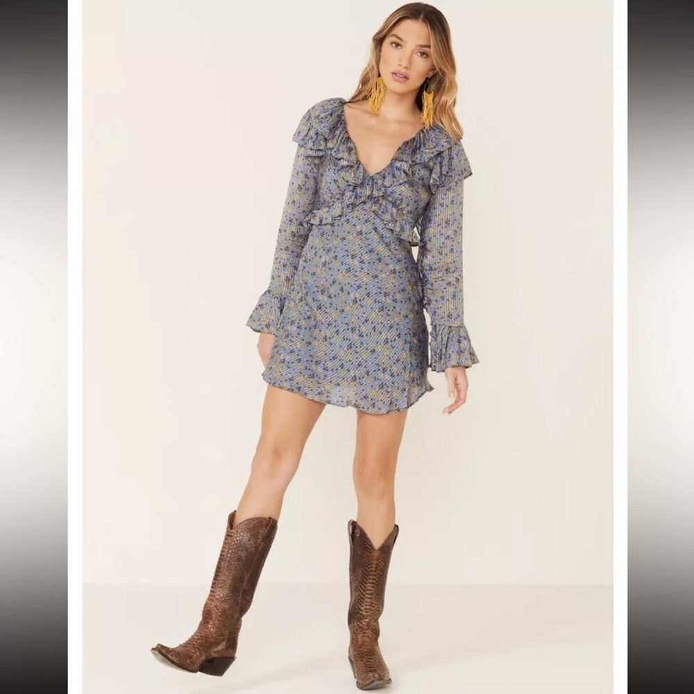 Free People Sweetest Thing Mini Midnight Cowboy Blue Floral Ruffle Dress(size:8)